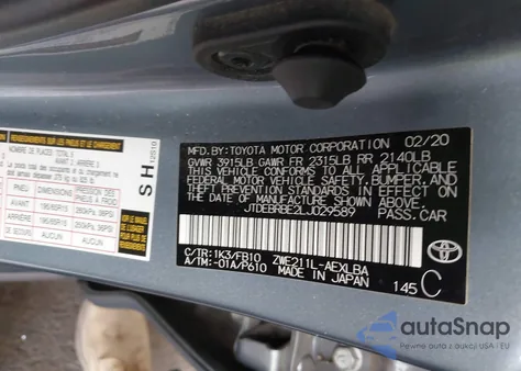 2020 Toyota Corolla Hybrid Le from USA, damaged, VIN JTDEBRBE2LJ029589